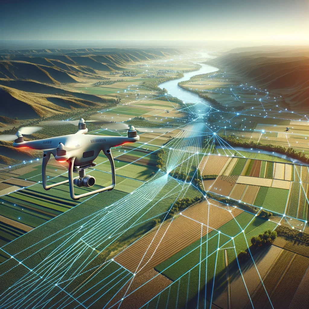 image showcasing a drone surveying a landscape, focusing on its flight path over the varied terrain below. This illustrates the precision and strategic planning involved in drone surveying, highlighting the drone's ability to efficiently navigate and collect data over diverse environments.