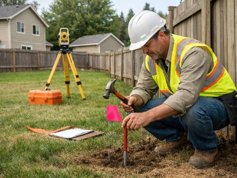 Land surveyor setting a property boundary marker near a residential fence during a boundary survey