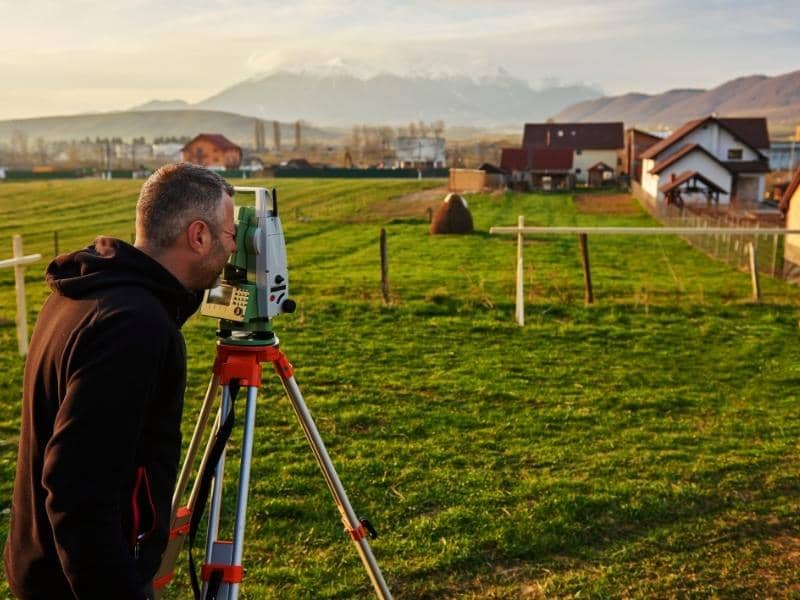 Surveyor measuring a residential property with a total station while illustrating the average cost of a land survey